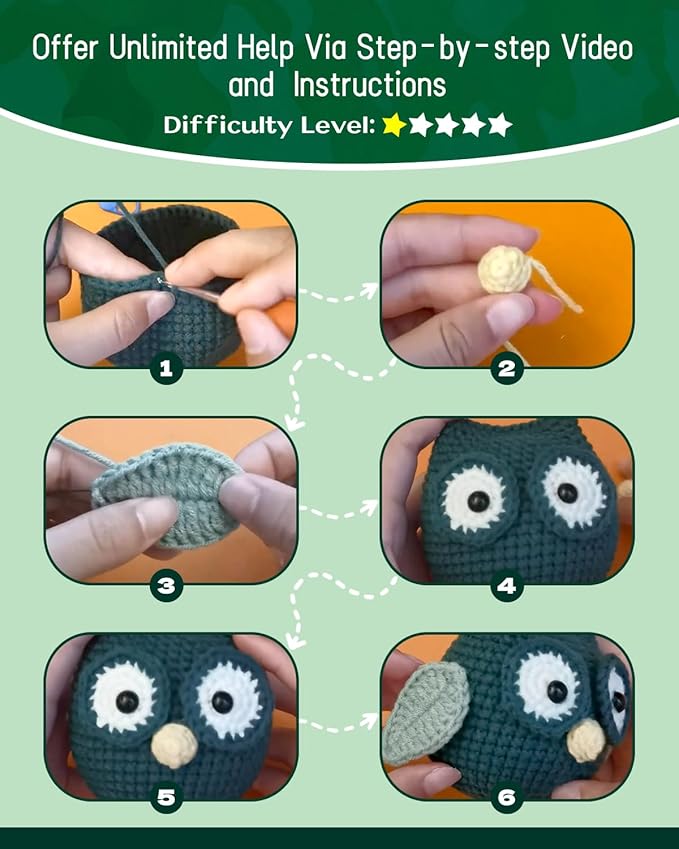 Fortilo Crochet Kit for Beginners Crochet Animals Green Owl with Step-by-Step Video Tutorials 30% Extra Yarn, Perfect for Gifts, Emotional Support, Ideal Knitting Kit for Adults, Kids