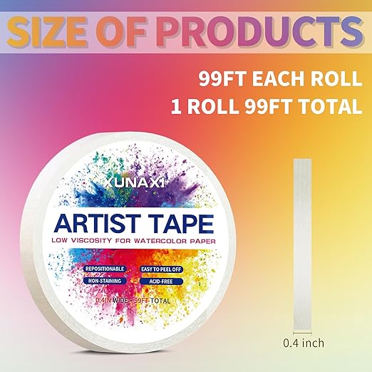 1 Pack Art Tape, Artist Tape for Watercolor Paper Low Tack White Painters Tape for Drafting Art Painting Canvas Framing Acid Free Masking Tape-0.4IN Wide 99FT Long Total