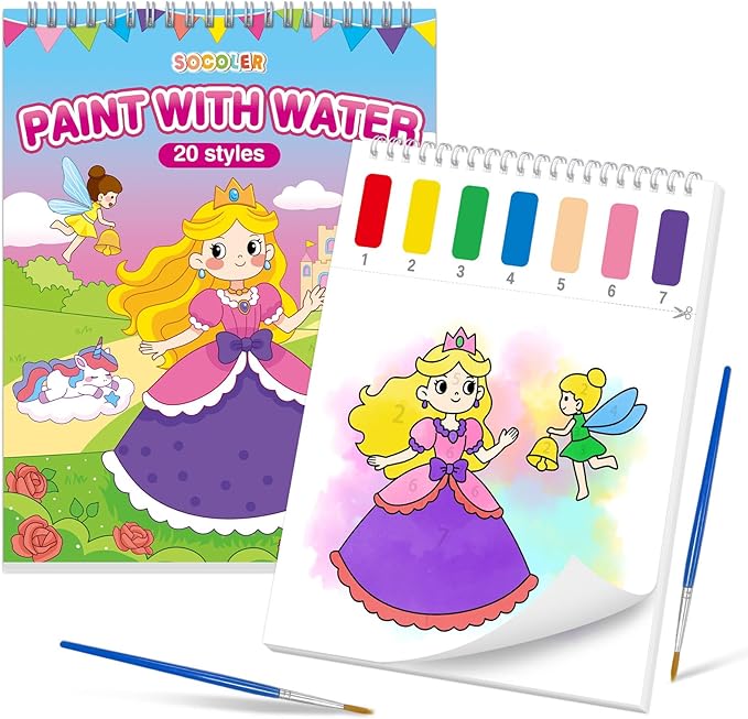 SOCOLER Paint with Water Coloring Books for Toddlers,Mess Free Watercolor Painting Papers for Kids Water Color Paint Kit Art Craft Birthday Gift for Ages 1-3, 4-8(Princess and Party)