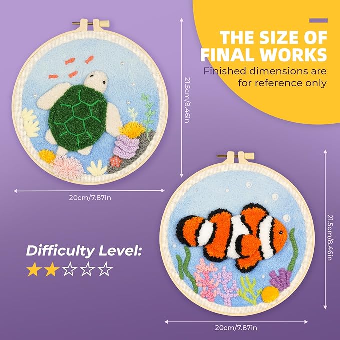 Punch Needle Kits Adults Beginner,Embroidery kit for Beginners,Punch Needle kit for Beginners, Includes All Tools and Materials,Easy to Follow Instructions and Videos(Clownfish + Sea Turtle)