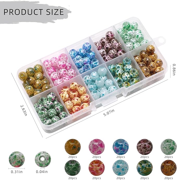 8mm Glass Beads for Jewelry Making, 200pcs Ice Flower Round Bracelet Beads Crystal Loose Beads for Bracelets Necklaces Earrings DIY Jewelry Making and Christmas Accessories