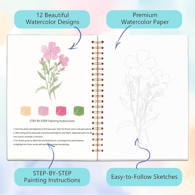 Easy Watercolor Workbook for Beginners - 12 Beautiful Step-by-Step Paintings Water Coloring Book, Includes 16 Colors Paints, Relaxing Art Projects and Creative Gift for Adults & Teen (Flowers)