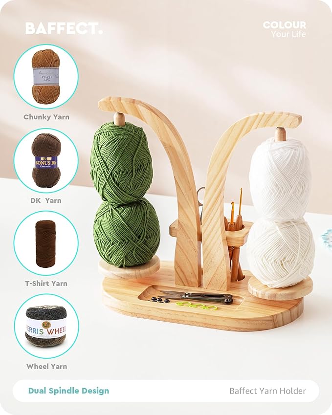 Baffect Yarn Holder Magnetic, Yarn Ball Holder Wooden, Yarn Spindle with Double Spindles, Spinning Yarn Holder for Crochet Lovers (Natural)