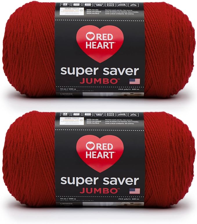 Red Heart Super Saver Jumbo Cherry Red Yarn - 2 Pack of 396g/14oz - Acrylic - 4 Medium (Worsted) - 744 Yards - Knitting/Crochet
