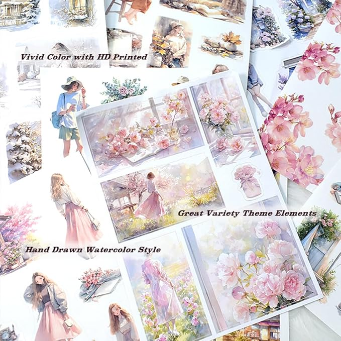 Love's Journey Scrapbook Stickers, Precut Journal Stickers Book for Junk Journaling, PET and Paper Materials, Seasons Landscape Girl People Stickers for Scrapbooking Supplies, A5