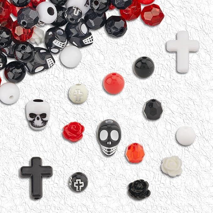 SUNNYCLUE 500Pcs Skull Bead Kit Stone Skull Beads Black Red White Rose Flower Gothic Cross Charm Crosses Charms Halloween Loose Spacers for Jewelry Making Bracelets Necklace Adult Women Gift Supplies