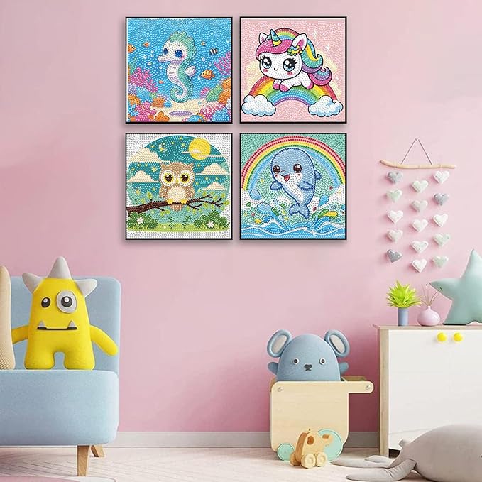 Dlylust Diamond Painting Kits for Kids Beginner - 4 Pack DIY 5D Full Drill Diamond Art Kits for Children, Cute Animals Round Crystal Rhinestone Gem Art Crafts Home Wall Art Decor 5.9 x 5.9 Inches
