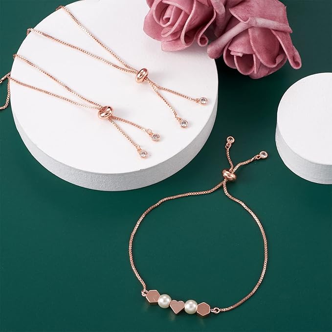 FASHEWELRY 5 Starnds Brass 9.4" Adjustable Slider Extender Box Chain Bracelet with Ball End with Cubic Zirconia Ends for Bracelet Jewelry Making (Rose Gold)