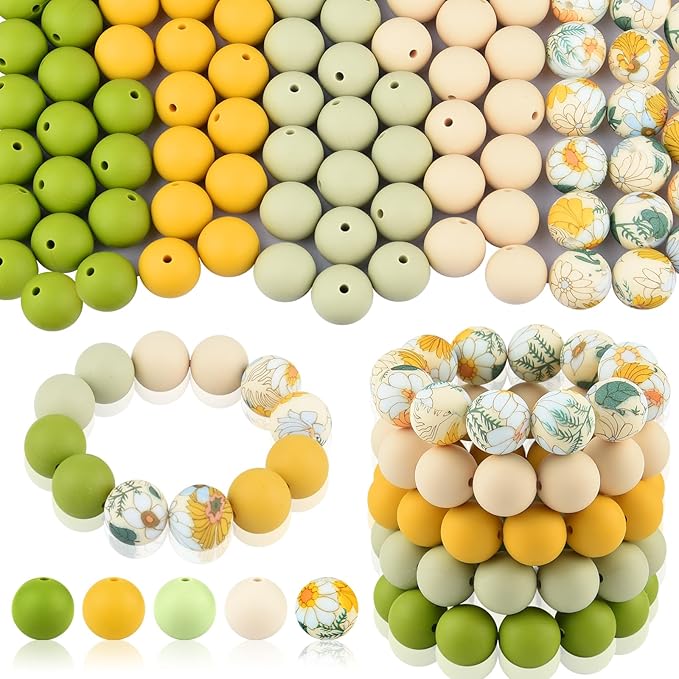 ASTARON 100 Pcs 15mm Silicone Beads for Keychain Making, Yellow Green Silicone Beads Bulk Round Beads for Bracelets Pens Crafts Supplies
