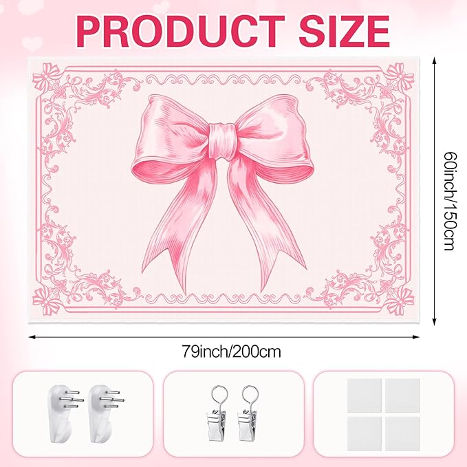 HunnmingRe 79" x 60" Pink Bow Tapestry Coquette Pink Aesthetic Bedroom Hanging Wall Art Preppy Tapestry Decor Kit Cute Bowknot Room Decoration for Women Girls Room Dorm Apartment(Bow)