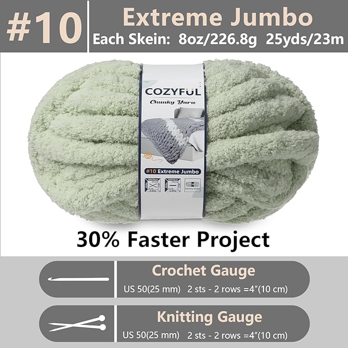 Chunky Yarn for Hand Knitting - #10 Chunky Chenille Yarn, Jumbo Big Thick Chunky Yarns for Crocheting, Super Bulky Chunky Knit Blanket Yarns, 8 Skein (25 yds 8 oz Each Skein), Sage Green