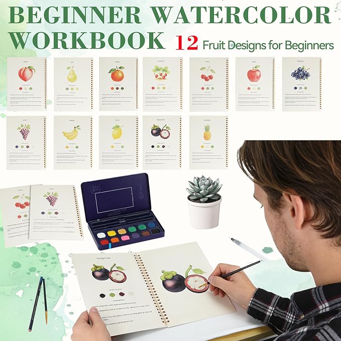Watercolor Coloring Book Set with Paint & Brush – 12 Colors Fruit Theme, Art Therapy Activity Kit for Classroom, Corporate Events, Employee Birthday Gifts, ADHD Relaxation & Stress Relief