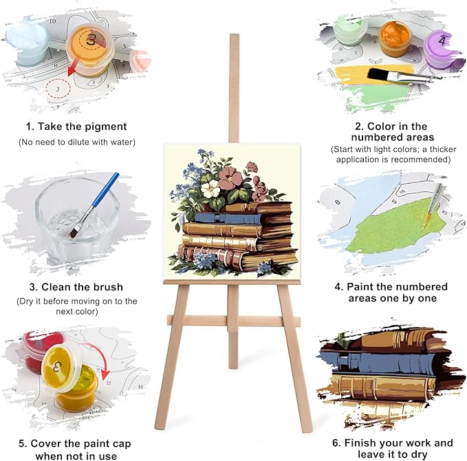 Lxmsja 4 Pack Floral Library Paint by Numbers Kit for Adults, Easy Framed Paint by Numbers for Adults Beginner, DIY Acrylic Oil Painting Craft Kits for Home Wall Decor 8x8 inch