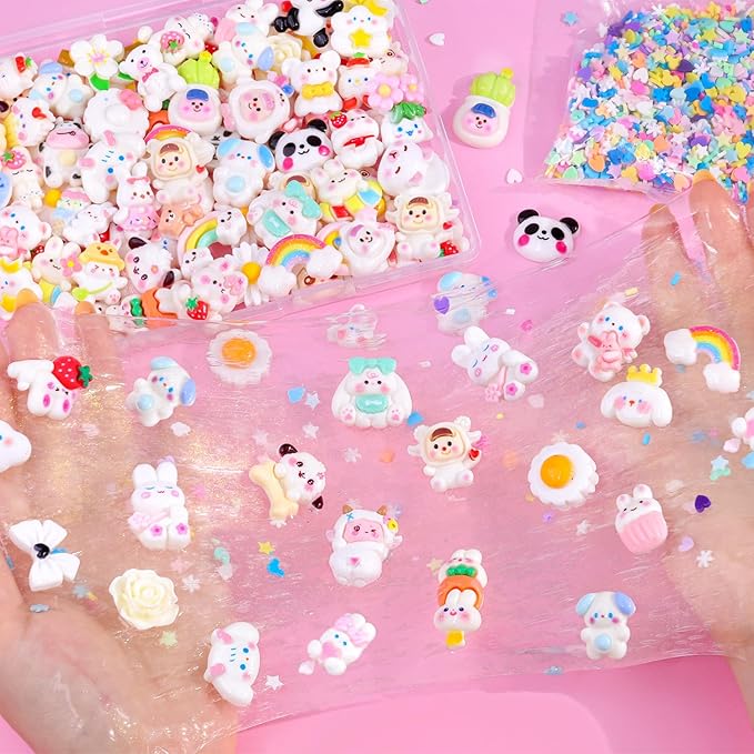 100PCS White Slime Charms Cute Flatback Resin Charms for Slime, Random Kawaii Decoden Charm for Embellishments Phone Junk Case Charms Bulk, Hairpins Scrapbooking Crafting & DIY Decoration