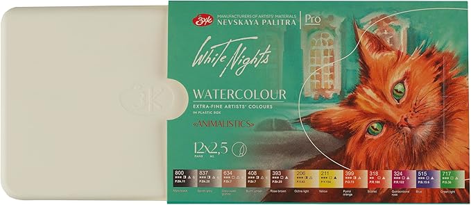 White Nights Professional Watercolor Set – Animalistics Edition | 12 Full Pans (2.5ml) | Extra Fine Artist-Grade, High-Pigment, Vibrant & Lightfast Colors by Nevskaya Palitra