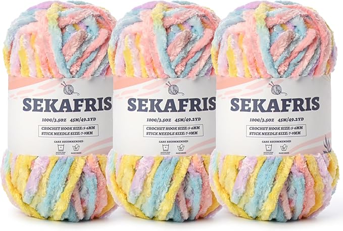 Fuzzy Chunky Chenille Yarn for Crocheting，Soft Plush Yarns for Hand Knitting，Bulky 3x100g（3x49.2 yd） Baby Blanket Yarn for Crocheting Amigurumi，Crochet Fluffy Velvet Yarns (3 Macaron)