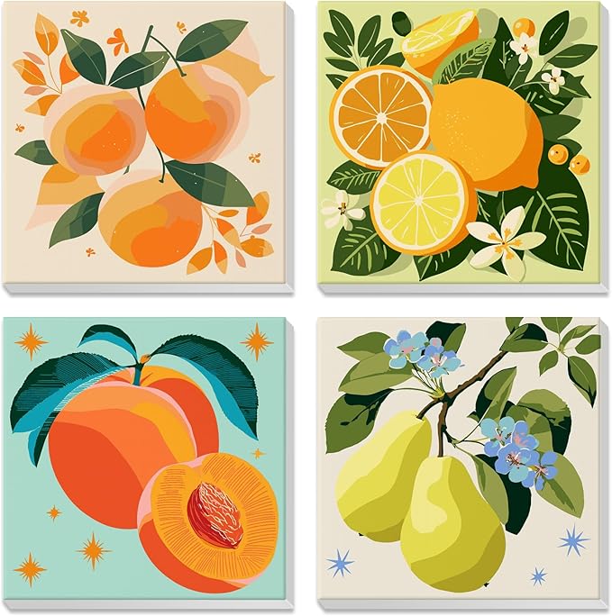 4 Pack Paint by Number for Kids with Wooden Frame, Lovely Watercolor Fruit Paint by Numbers for Kids Ages 8-12, Orange, Lemon, Peach, Pear, DIY Acrylic Oil Painting for Home Wall Decor 8X8 inch