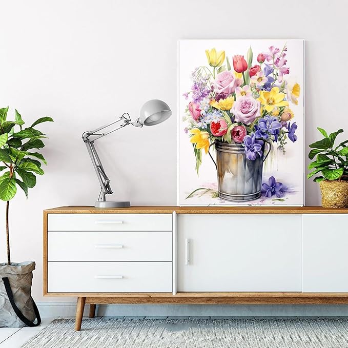EIBEILI Diamond Painting Kits for Adults, Bucket Flowers Diamond Art for Beginner DIY Round 5D Paint by Diamonds Pictures Gem Full Drill Diamond Dots for Home Wall Decor Gifts 12x16inch