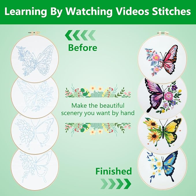 Enkor 4 Sets Embroidery Kit for Beginners Adults-Cross Stitch Kits for Beginner Easy to Learn Stitches from Instruction Video Needlepoint Kits with Stamped Embroidery Pattern-Butterfly B4