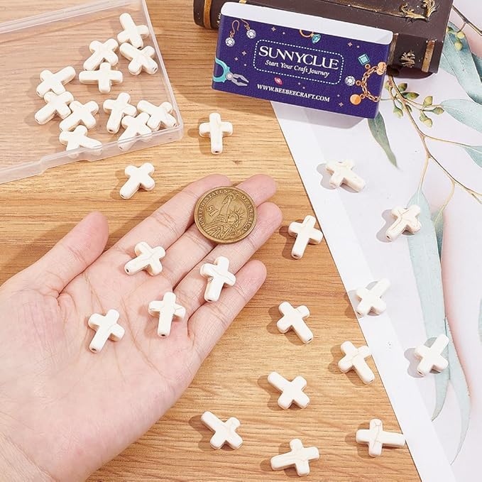 SUNNYCLUE 1 Box About 40Pcs Cross Beads White Synthetic Turquoise Beads Bulk Easter Pocket Crosses in Bulk Mini Cross Charm Crucifix Spacers for Jewelry Making Beading Kit DIY Bracelet Supplies