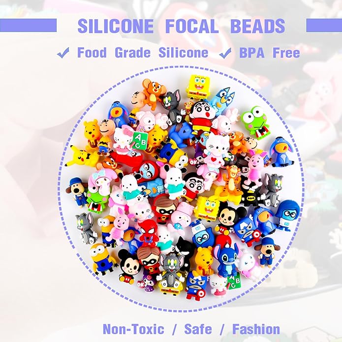 20Pcs 3D Silicone Focal Beads for Pens, Cartoon Cute Character Focal Beads for Keychains Making DIY Bracele Jewelry Making, Only Applicable to Adults