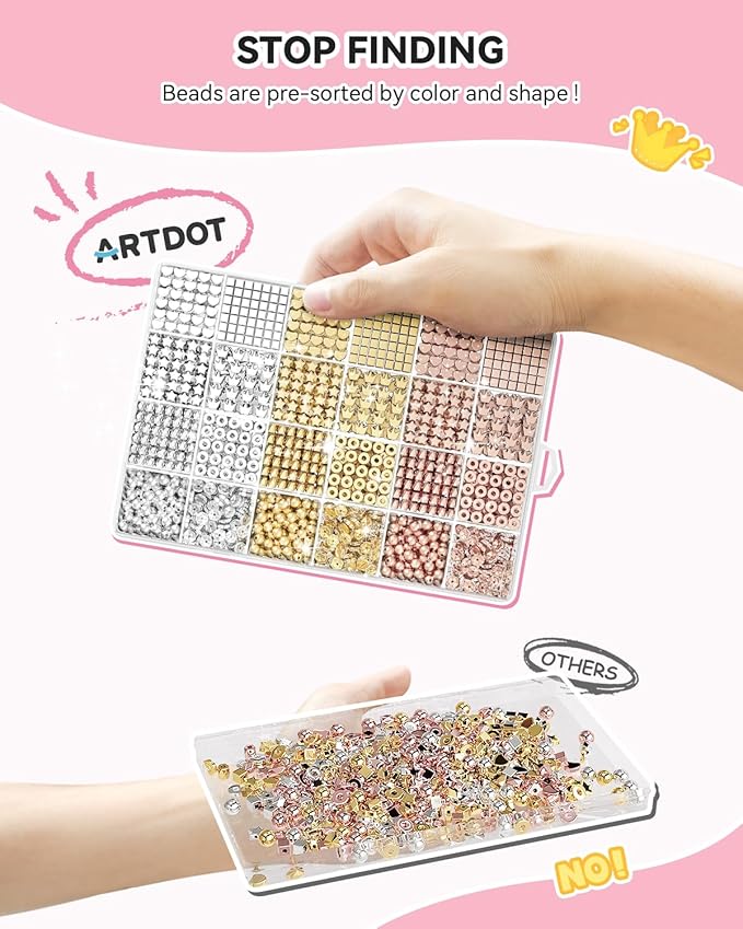 ARTDOT 1740 Pieces Gold Beads for Friendship Bracelets Making Kit, 8 Shapes Organized Jewelry Making Supplies Spacer Beads Set with Rhinestones Crafts Gifts