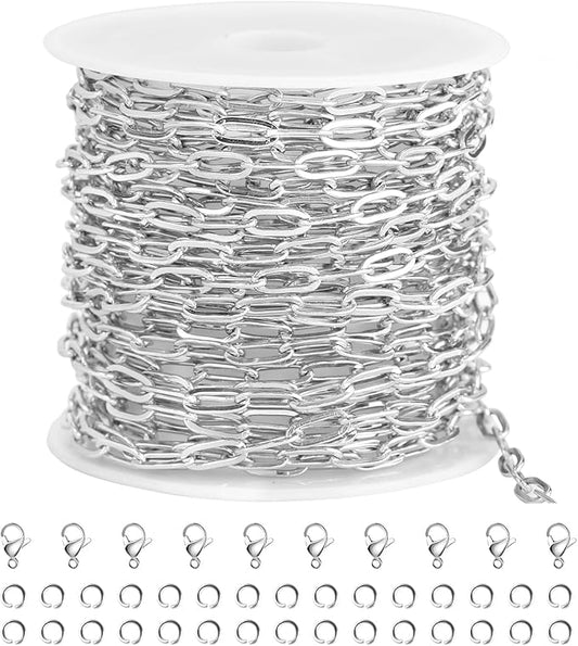 SMYHTGLIF 16.4 Feet Paper Clip Cable Chain Bulk Silver Stainless Steel Jewelry Making Chains Women Necklace Bracelet DIY Craft Chain for Jewelry Making