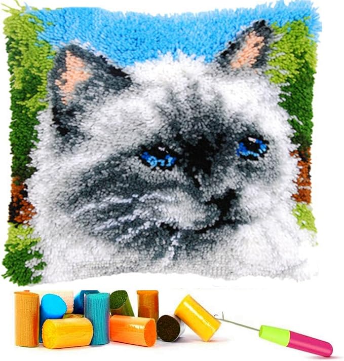 EMISTEM Latch Hook Kits for Adults - Latch Hook Pillow Kits, Crochet Yarn Kit for Beginners, DIY Needlework Crafts Cover Case with Printed Canvas, Gift Packaging. (Blue Eyes Cat,17x17 inch)