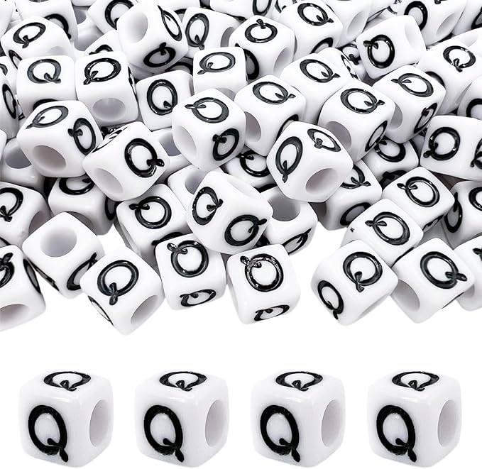 MIIIM 100pcs Pony Beads Letter Q for Keychains Making, 6x6mm Large Hole Square Letter Beads for Bracelets Making, Alphabets, Numbers (White and Black)