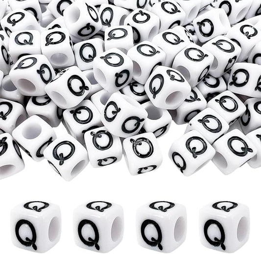 MIIIM 100pcs Pony Beads Letter Q for Keychains Making, 6x6mm Large Hole Square Letter Beads for Bracelets Making, Alphabets, Numbers (White and Black)