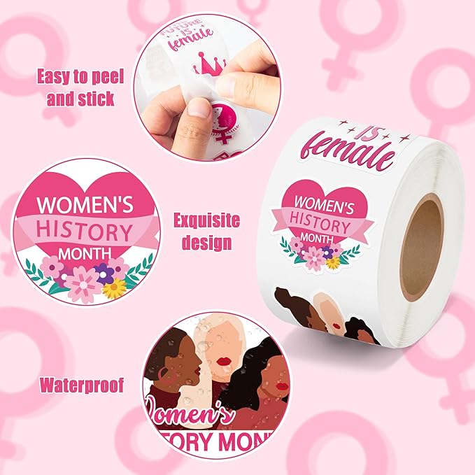 beyumi women's history month sticker - 1000pcs women's history month stickers in 2 rolls waterproof vinyl inspirational feminist stickers girl power rights decal party gifts bottle scrapbooking decor