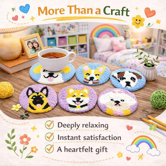 Punch Needle Coaster Kit for Adults Beginners, Easy Punch Embroidery Starter Set with Instructions – Fun Mug Rug Making Kit for Table Decor & Festival DIY Gifts (6pcs Cute Dogs)