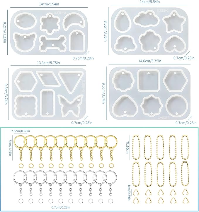 Resin Jewelry Molds, Keychain Resin Molds Silicone with Hole, 4 Styles Arc Edge Pendant Silicone Molds for Epoxy Resin Jewelry, Earring, Necklace, Keychain Making Kit