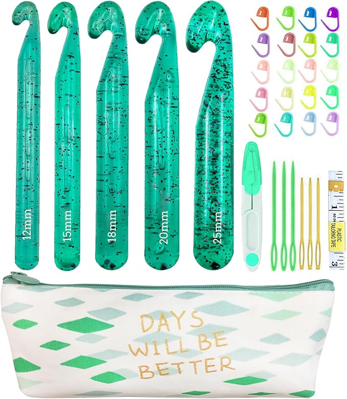 Weabetfu 5 Large Crochet Hook,25mm 20mm 18mm 15mm 12mm Size Crochet Hooks, Large Crochet Hook for Chunky Yarn,24PCS Big Crochet Hooks,10mm-25mm Crochet Needles with Case (Green)