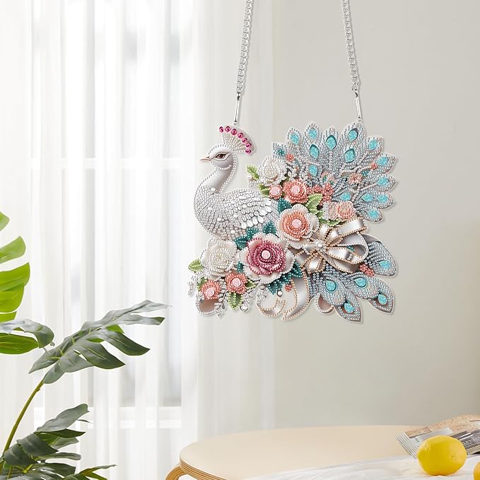 MVVMTOP Diamond Art Painting Hanging Pendant, DIY Peacock 5D Special Shape Crystal Diamond Art Partial Mosaic Making Craft Wreath Ornaments, Large Size Home wall Decor Window Decoration Handmade Gift