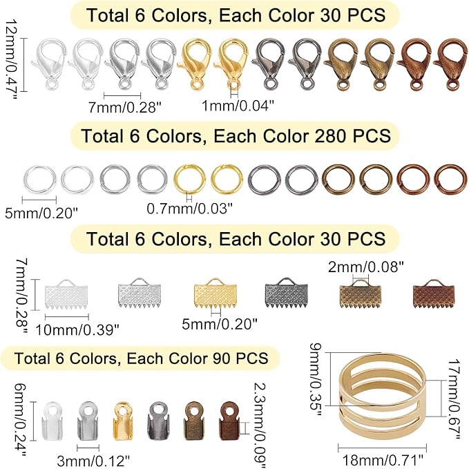 PH PandaHall About 2580Pcs Jewelry Finding Kits of Fold Over Iron Cord Ends Ribbon End Jump Rings and Lobster Claw Clasps in 6 Colors Mixed Sizes