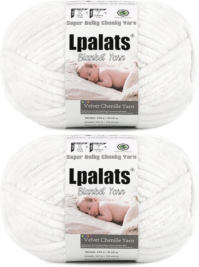 Baby Blanket Yarn for Crocheting - 2 Pack of 300g (Total 600g/21.2oz) Super Fluffy Chunky Chenille Yarn for Hand Knitting, 230 yds Super Bulky Plush Yarn for Cozy Blankets and Amigurumi (2, White)