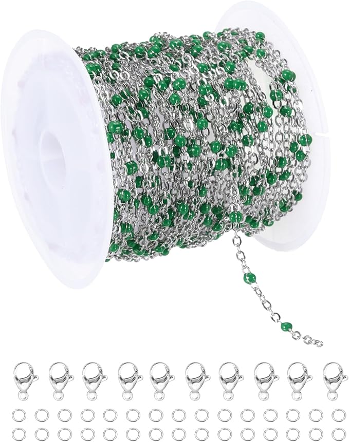 MECCANIXITY Stainless Steel Bead Chain, 16.4 Feet/5M Enamel Beaded Jewelry Link Cable Chains Spool Kit for Jewelry Making, Necklace, Bracelets, DIY Crafts (Silver/Dark Green, Pack of 1)