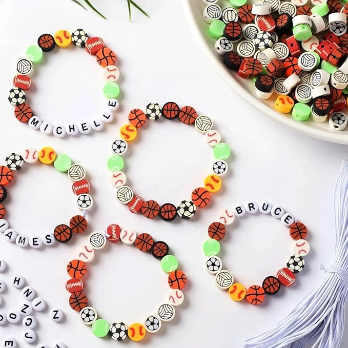 Highergo 1200 Pcs Sports Ball Beads for Jewelry Making, Sports Stackable Ball Charms Cute Fun Beads Gifts for Baseball Basketball Soccer Rugby Volleyball Football Bead for DIY Bracelets Making Kit
