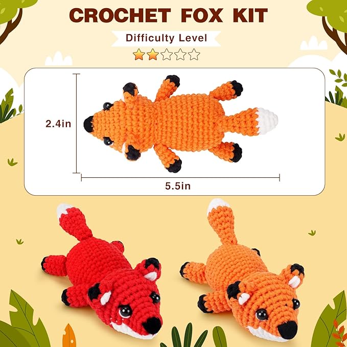 fortuning's jds crochet kit for beginners - 2 pcs fox crochet kits with step-by-step video tutorials, beginner crochet kit for adults, crochet animal kit, crochet fox set