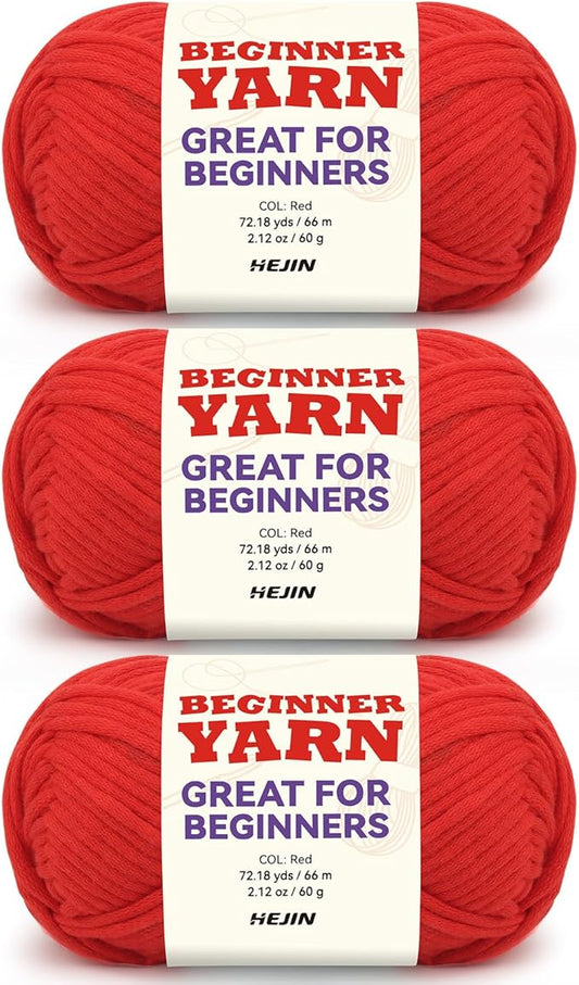 3x60g Red Yarn for Crocheting and Knitting;3x66m (72yds) Cotton Yarn for Beginners with Easy-to-See Stitches;Worsted-Weight Medium #4;Cotton-Nylon Blend Yarn for Beginners Crochet Kit Making