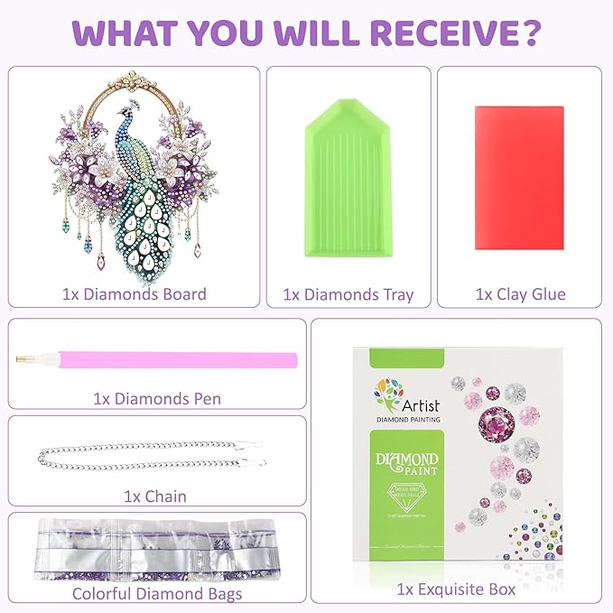 MEIYUDA Peacock Diamond Art Hanging Kits for Adult, Dreamcatcher Diamond Painting Hanging Kits Ornaments, DIY Special Shaped Rhinestone Window Pendants kit for Home Garden Wall Decor Gift