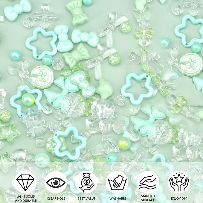 ABONDEVER 245-300Pcs Assorted Acrylic Beads for Bracelets Making Cute Star Bow Flower Candy Heart Gummy Bear Butterfly Beads for DIY Jewelry Crafts Keychain Necklace Phone Charms(Green)