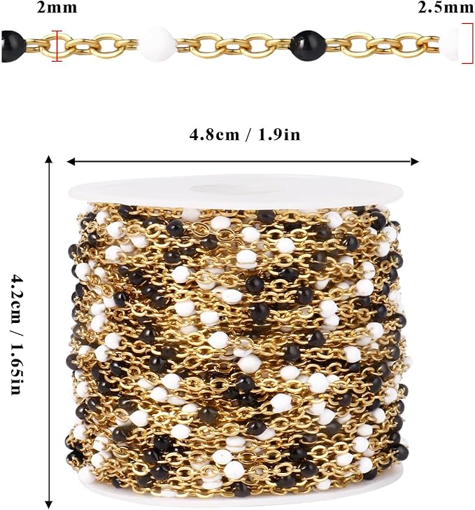 33 Feet Gold Enamel Chains Bulk, 2mm 18K Gold PVD Plated 304 Stainless Steel White Black Enamel Beaded Cable Link Chain Roll Spool for Jewelry Making