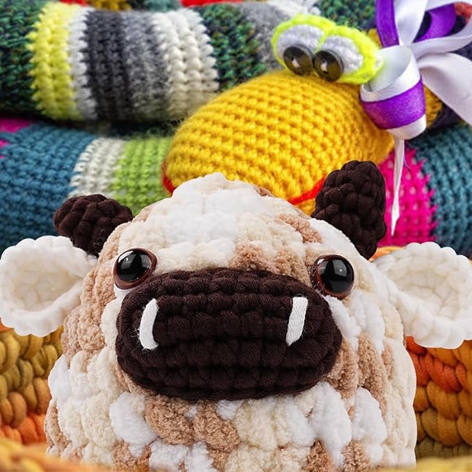 Vanttokeey Crochet Kit for Beginners, Animal Amigurumi Crochet Kits Included, Step-by-Step Video Tutorials, Beginner Crochet Kit for Adults and Kids, Crocheting Starter Set (Cow)