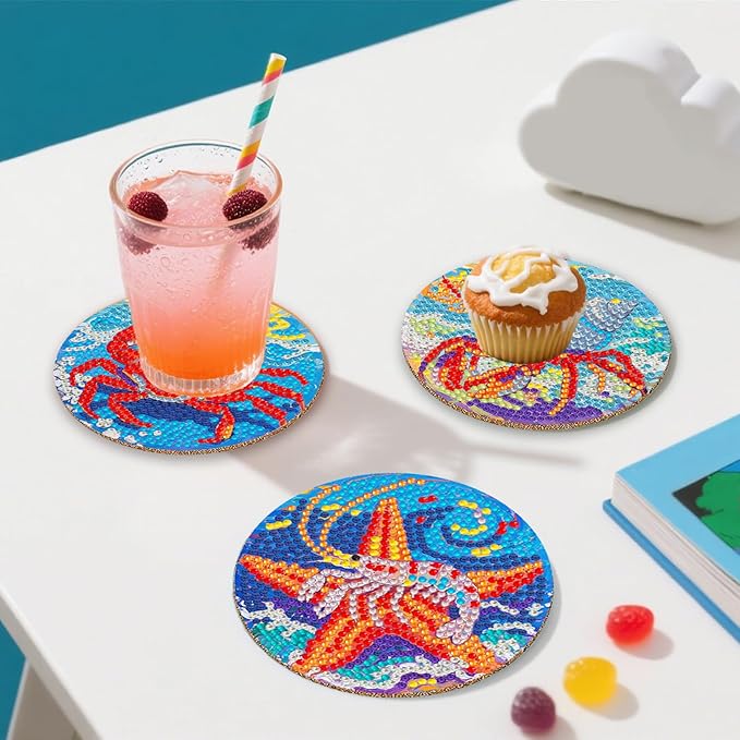 8 Pcs Ocean Diamond Art Coaster Kits with Holder,Diamond Painting Coasters for Adults Beginners,Home Decor Abstract,Fun Gifts for Women