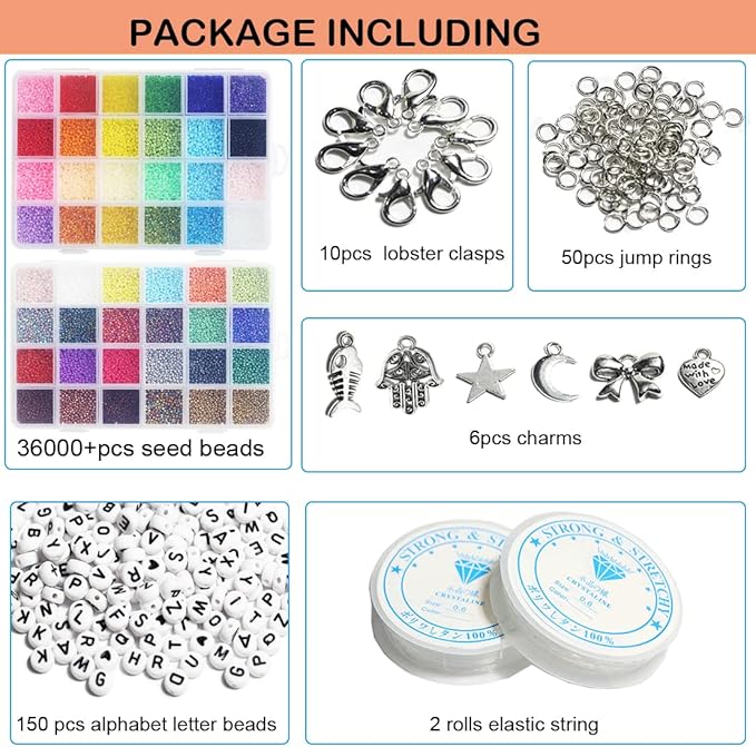 Size 2mm Seed Beads 48 Colors in Grid Storage Box Total About 36000pcs,12/0 Small Seed Beads with Rings,Claw Clasps,Elastic String and Alphabet Letter Beads for Bracelet Jewelry Making