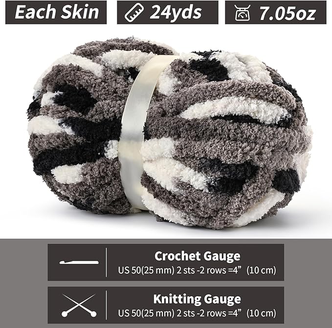 10 Pack Jumbo Chunky Yarn for Hand Knitting, Fluffy Chunky Chenille Yarn for Crocheting, Variegated Chunky Knit Baby Blanket Yarn, 240 yds /70.5 oz Super Bulky Yarn（Black-White-Grey）