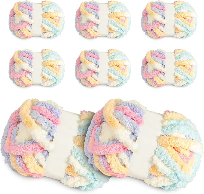 Super Soft Chunky Chenille Yarn – 8 Skeins × 8 oz (25 Yards Each) Jumbo Bulky Yarn for Crochet & Hand Knitting Blankets, Sweaters, Cushions, DIY Projects (Pastel Rainbow)