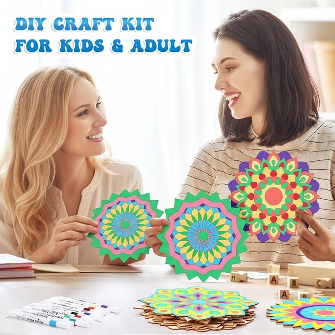 22 Pcs Wooden Mandala Painting Set 10 Mandala Unfinished Wood Cutouts with 12 Markers for Crafts Diwali Craft Wood Slices for Adults Painting DIY Tags Wedding Home Decors(Artsy Style)